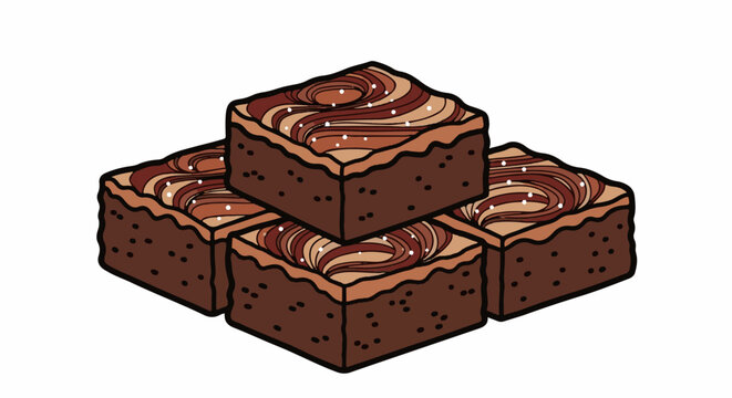 A stack of four rich chocolate brownies with swirled topping and white dots
