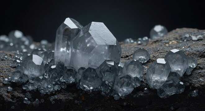 Macro View of Clear Quartz Crystals Growing on a Dark Mineral Surface