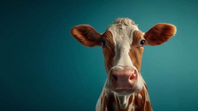One brown and white cow looking directly at the camera in a blue studio.