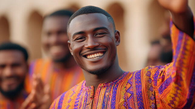 Smiling man in traditional attire celebrates Homowo Festival with friends