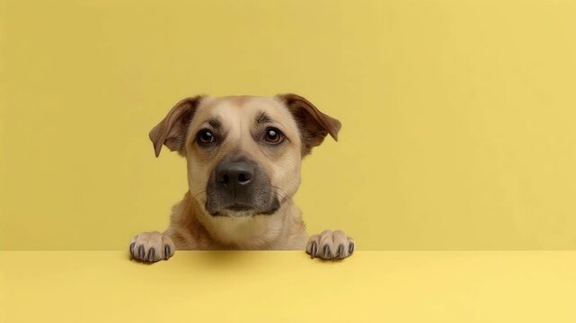 One happy brown dog peeking over a yellow table ledge and licking its nose.