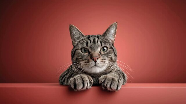 One cute tabby cat resting its paws on a ledge in a dark red studio setting.