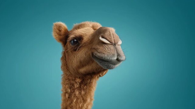 One funny camel chewing and looking directly at the camera in a blue studio.