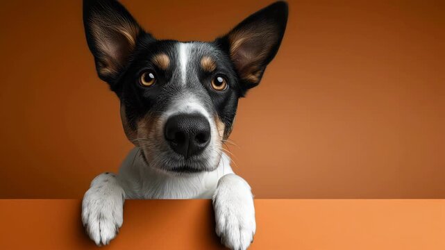 One cute black and white dog peeking over an edge in a bright orange studio.