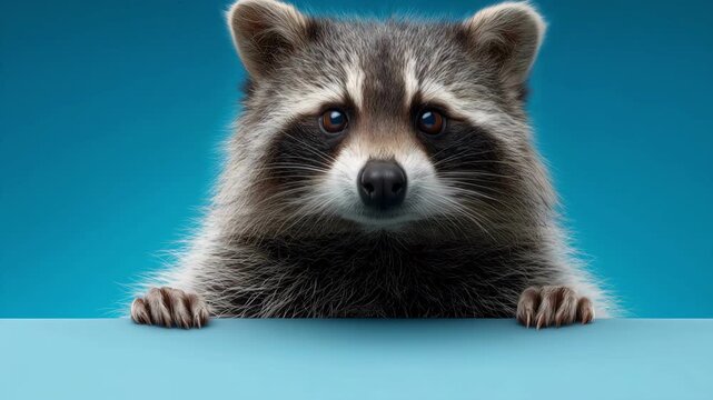 One cute raccoon peeking over a blue ledge in a vibrant studio.