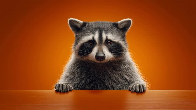 One curious wild raccoon peeking over an orange table in a studio.