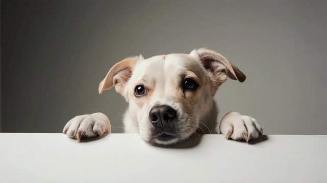 One adorable white dog peeking over a bright ledge in a clean studio.
