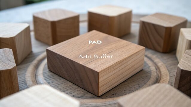 A Square Wooden Block With 'Pad' and 'Add Buffer' Text on a Circular Wood Surface