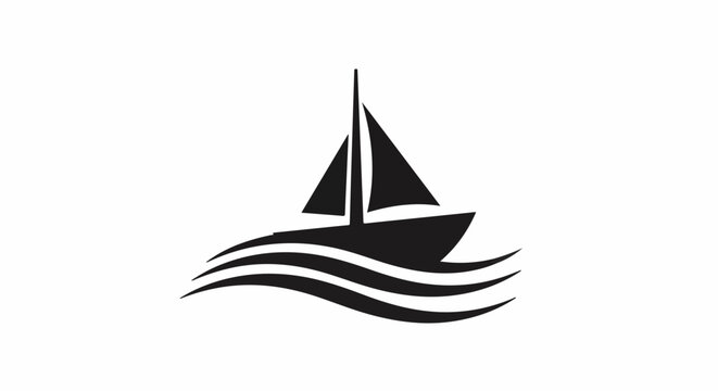 A simple, black silhouette of a sailboat gliding through stylized waves