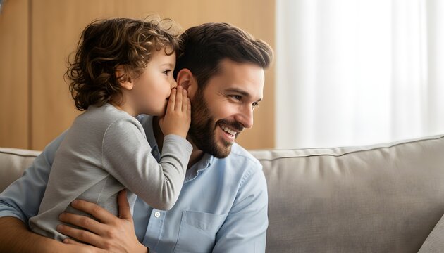 Child whispering in dads ear for a happy Father's Day concept, smiling man bonding with son on sofa in warm home setting with soft natural light