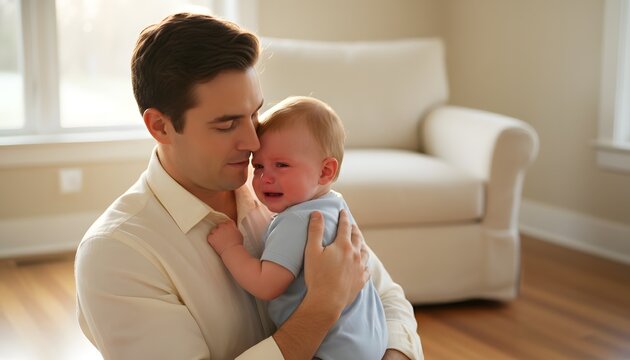 Caring dad holding crying toddler in a sunlit living room for a Father's Day parenting concept, capturing emotional bonding, patient fatherhood, and domestic support