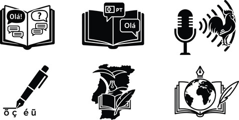 Portuguese language learning and communication icon set with open books and microphone. © jim's Cafe