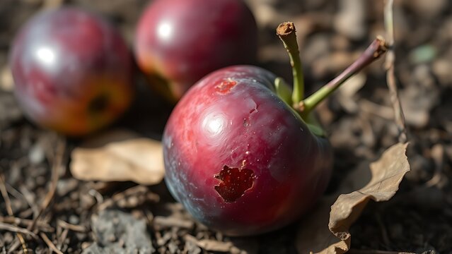 infamy. A ripe plum fallen on the ground with purple-red bruise marks, natural lighting, shallow depth of field. gardening catalogs, home-decor guides, designed for gardening and botanical catalogs.
