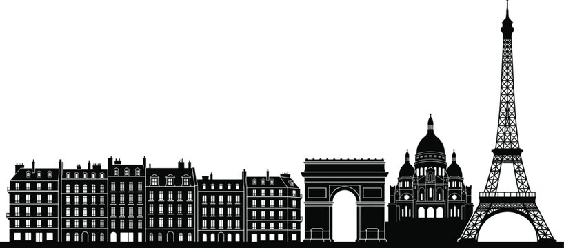 Famous Paris city skyline silhouette featuring Eiffel Tower, Arc de Triomphe, and Sacr&eacute;-C&oelig;ur in elegant black minimalist design