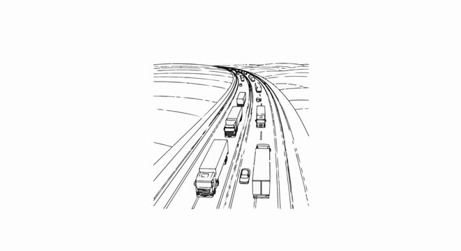 A sketch of trucks and cars traveling on a multi-lane highway curving into the distance