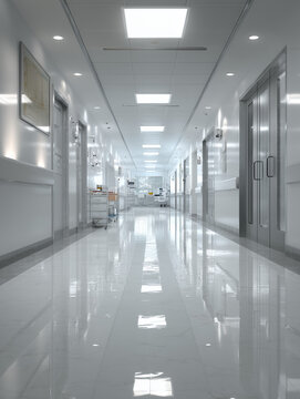 Modern and sterile AI-generated hospital corridor with polished floors, bright fluorescent lighting, and clean white walls in a healthcare facility setting.