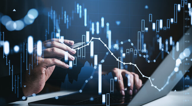 Hands analyzing digital stock market graph interface with glowing forex chart signals and investment data overlay on screen background.