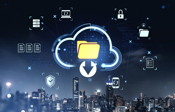 Cloud data storage and security icons over modern cityscape illustrating digital file management and network protection concept.