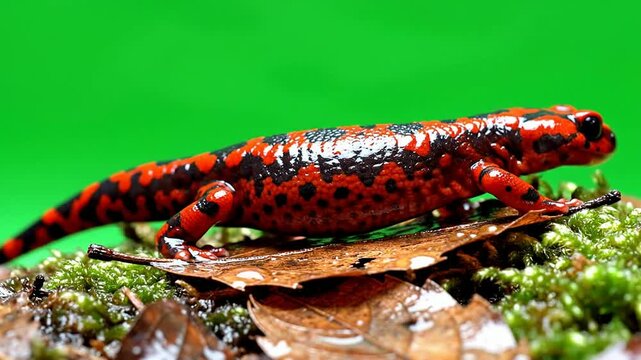 Close-Up View of a Bright Red and Black Spotted Salamander on Moss and Dry Leaves with a Vibrant Green Background