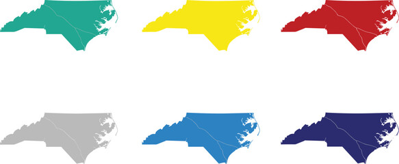 North Carolina state map silhouettes set in multiple colors featuring detailed geographic outline for location and regional design use © boishakhisarker