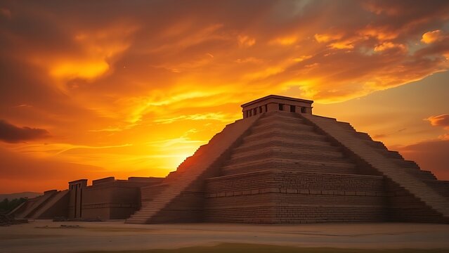 ziggurat. A massive stepped ziggurat ruin under a dramatic sunset sky, silhouette view. inspiring travel planning, real-estate listings, designed for interior renovation comparisons for interiors.