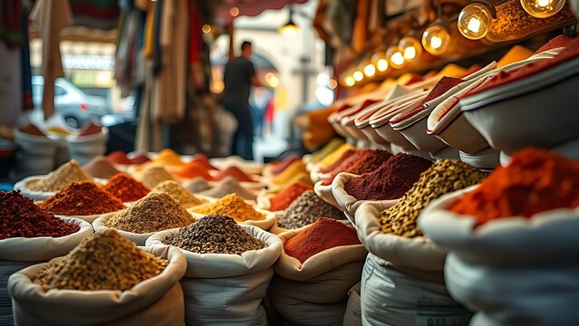 pasilla. Spice stall in a market with sacks of colorful spices. menu design, packaging mockups, designed for culinary blogs and recipe cards for restaurants, inspires cooking.