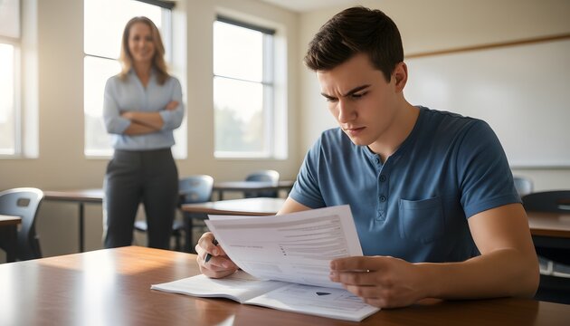 Focused high school boy reading his test paper during final school exams with a teacher looking at him in a classroom for academic pressure and assessment concept