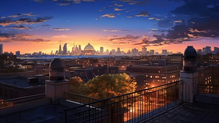 Obraz premium A rooftop view of a city at twilight, with a mix of modern and historic architecture.