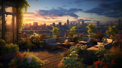 Obraz premium A rooftop garden in the heart of the city, bathed in the soft, fading light of evening.