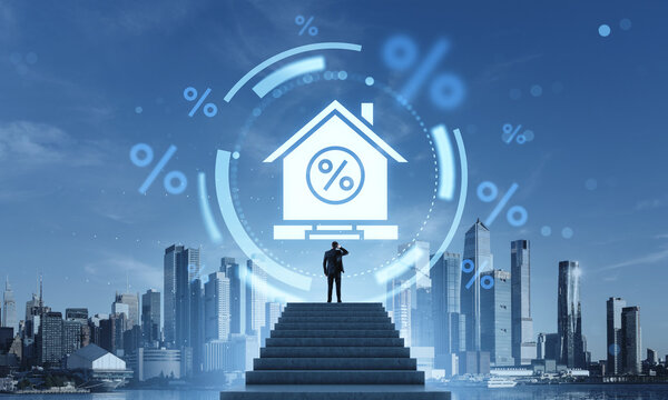 Business concept scene of a first person on steps facing a city