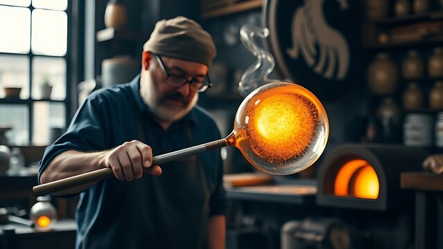 blowpipe. Glassblower shaping molten glass into a sphere in a workshop. safety posters, maintenance manuals, designed for industrial assembly lines and welding operations, supports safety.