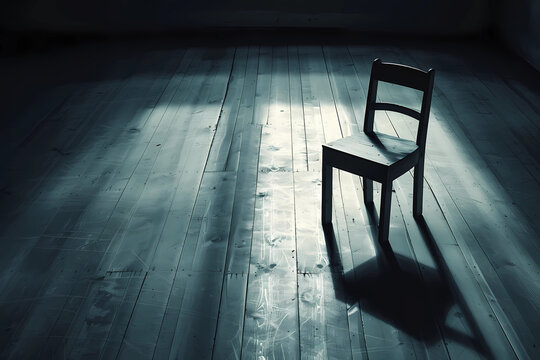 A single wooden chair standing in the center of a dimly lit, empty room with wooden floorboards