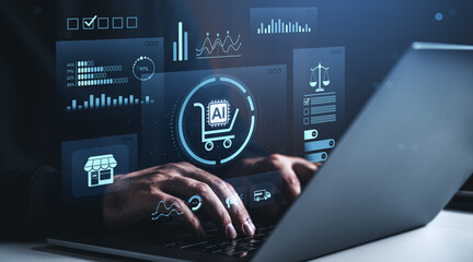 Hands typing on laptop with digital AI shopping icons and analytics floating in futuristic blue interface for business concept.