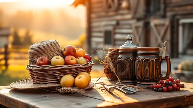 stein. Woven straw hat and fruit basket with apples and grapes, wheat wreath and beer stein on wooden table. menu design.