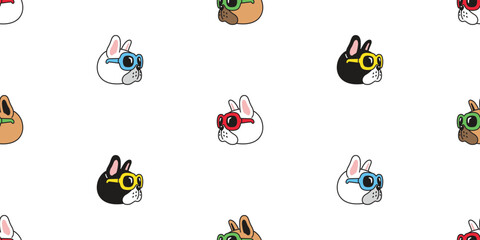 Fototapeta premium french bulldog dog seamless pattern sunglasses face head puppy pet cartoon doodle vector gift wrapping paper repeat wallpaper tile background illustration isolated design