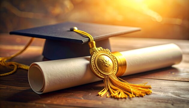 Joyful academic success still life photography featuring a black graduation cap resting next to a golden ribbon tied diploma scroll.
