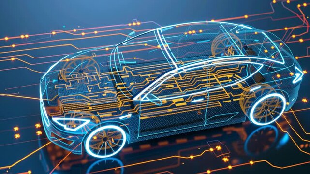 Futuristic electric car concept with glowing circuits and digital network