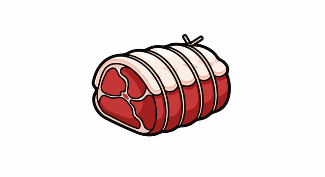 A rolled roast of red meat tied with white string and a knot