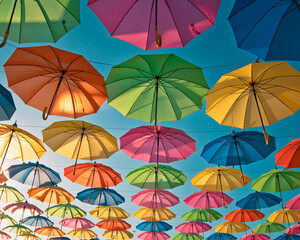 Obraz premium Colorful Umbrellas Hanging in the Sky Against Blue Sky