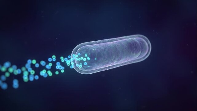 Mesmerizing microscopic view of glowing biological cells linked in a chain, conceptually illustrating INTERLEUKIN signaling pathways within a dynamic cellular network