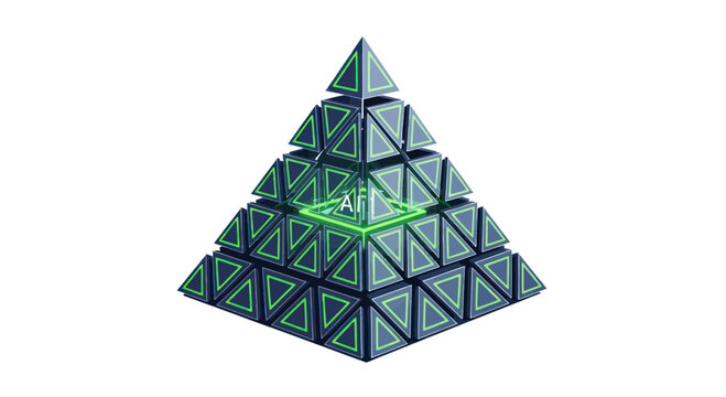 Abstract Geometric Pyramid Structure with Neon Green Accents on White Background