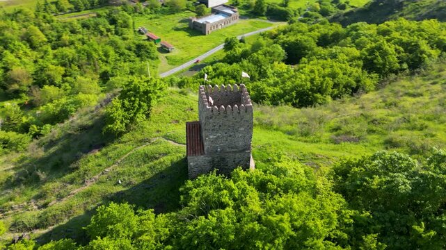 Aerial view of the grounds of Gremi Monastery, a historic religious complex in the Kakheti region of Georgia.