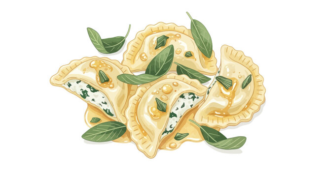 Artistic Ravioli with Sage and Cheese Filling, Italian Pasta Illustration