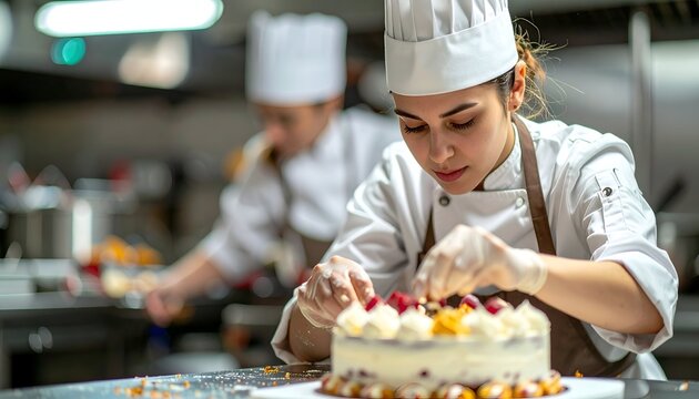 Authentic vocational education photography of a focused female culinary student carefully decorating a beautiful sweet pastry cake.