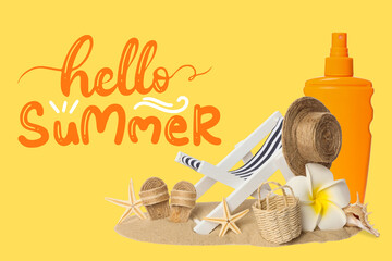 Naklejka premium Beach gear like hats and sunscreen exude summer vibes