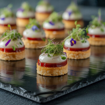 Elegantes aperitivos gourmet con base crujiente, gelatina de frutos rojos y mousse decorados con microbrotes en bandeja de pizarra