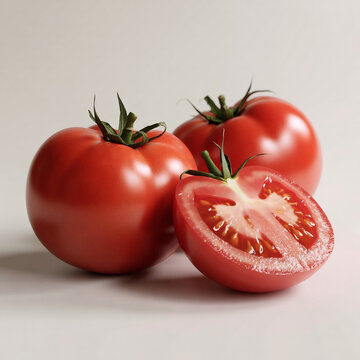 Dos tomates rojos enteros y uno cortado a la mitad aislados sobre fondo blanco gris&aacute;ceo