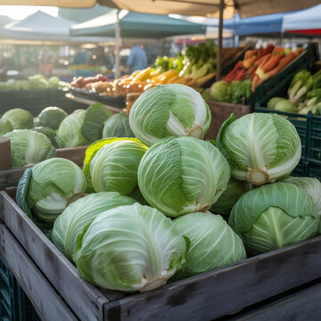 Repollos verdes frescos en cajas de madera en un mercado de agricultores al aire libre bajo la luz del sol