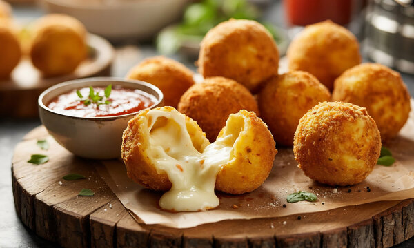 Bolas de queso fritas crujientes con queso fundido derretido y salsa de tomate en tabla de madera r&uacute;stica