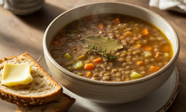 Sopa de lentejas casera con zanahorias y laurel servida con pan integral y mantequilla sobre mesa r&uacute;stica